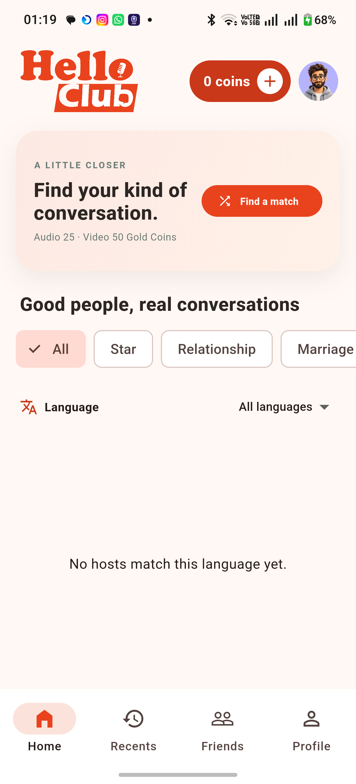 The current Hello Club Android home screen, with call pricing and language filters